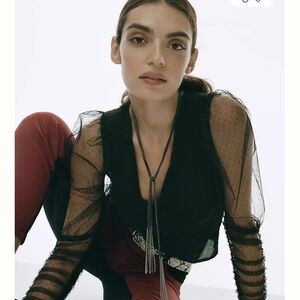 Maeve Black Top with Sheer Polka Dot Sleeves